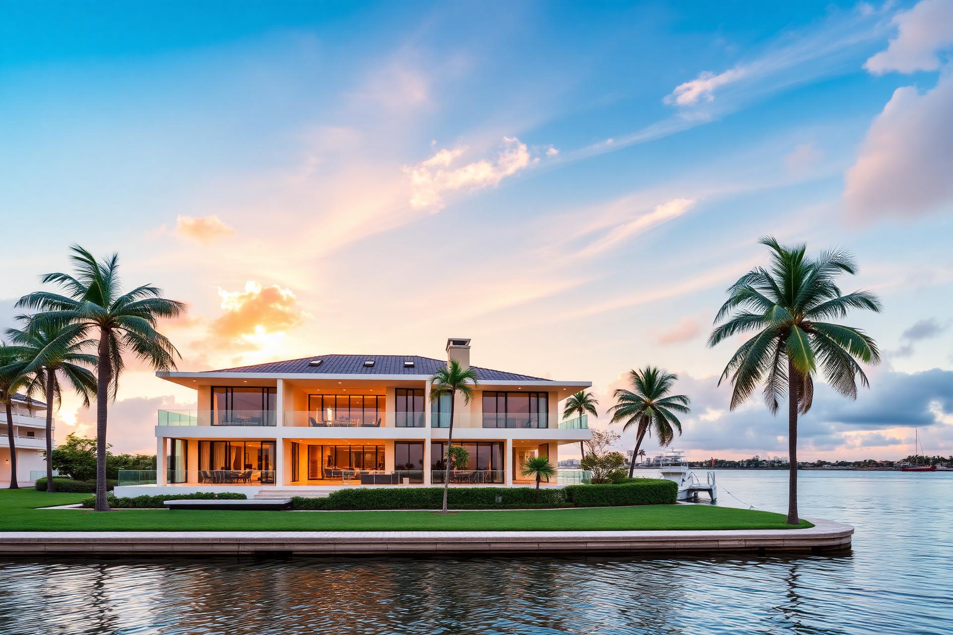 South Florida waterfront luxury estate at golden hour